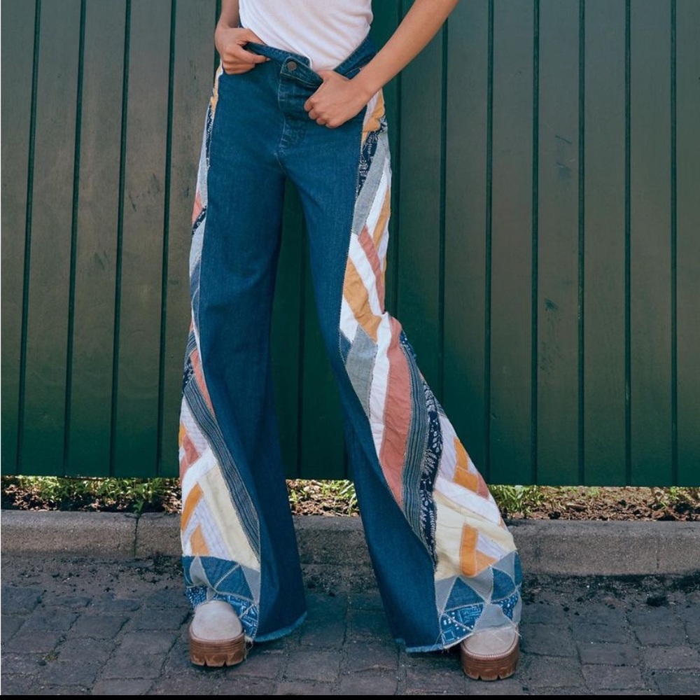 Free People Stick by Your Side Wide Leg Patchwork Jeans